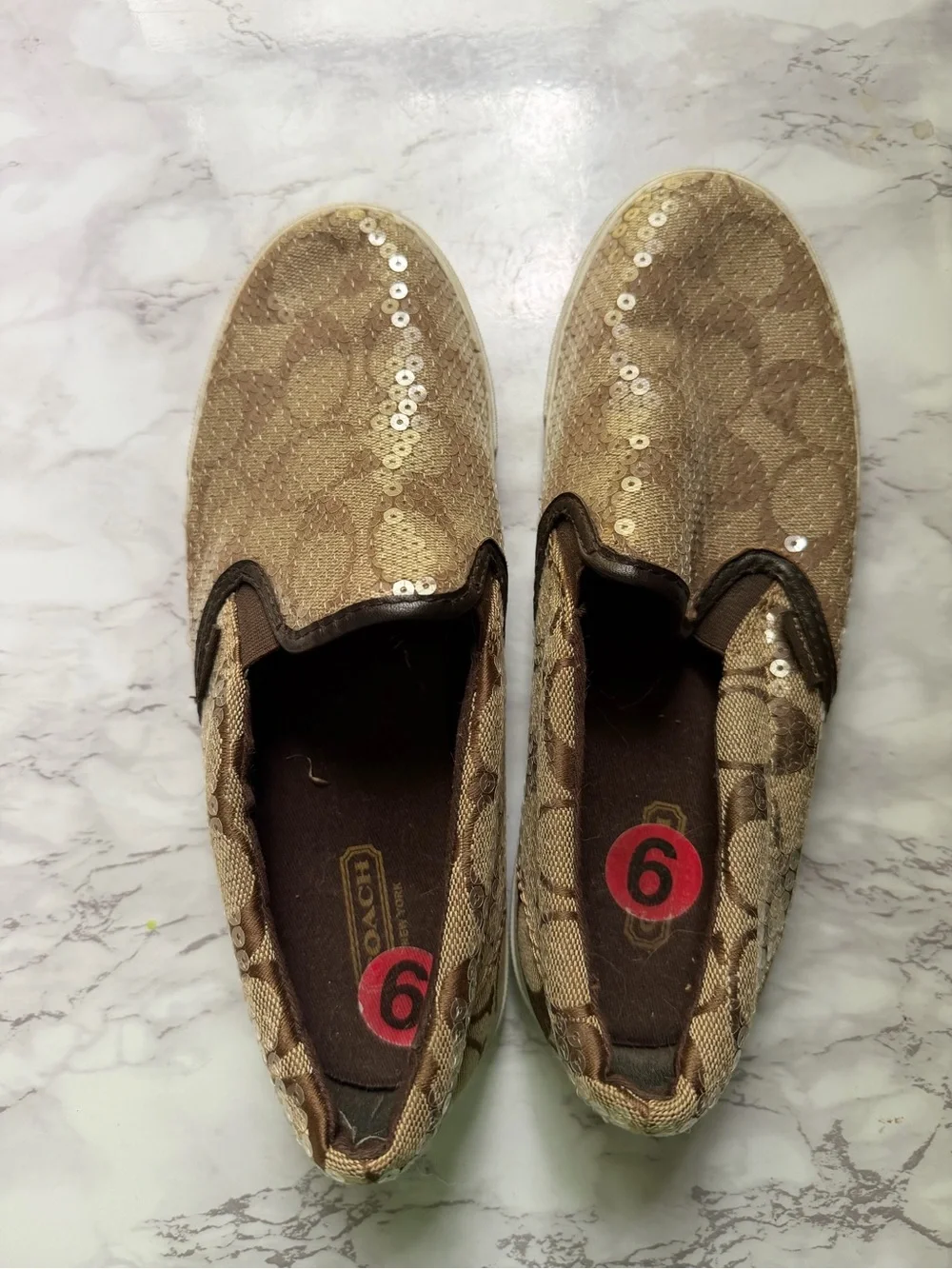Coach Sequin Signature Slip-On in Gold and Brown sz 6